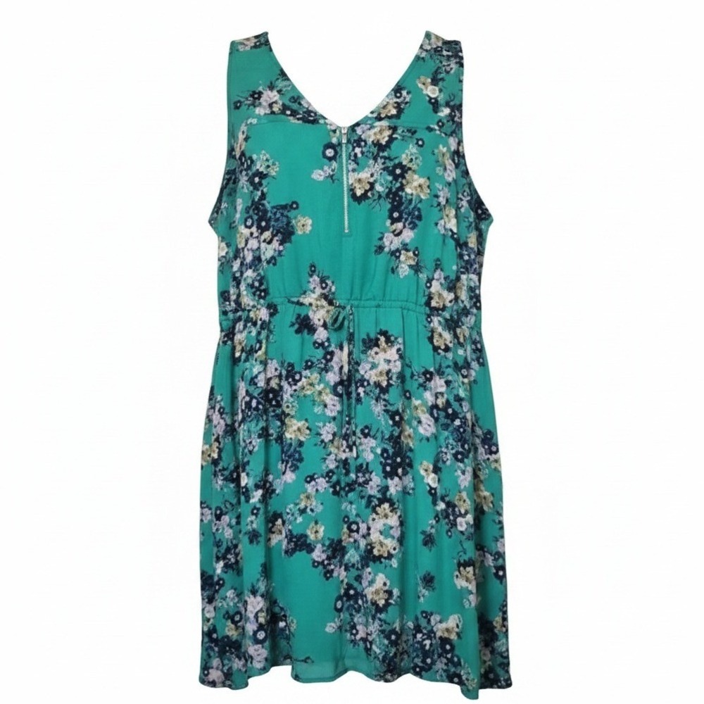 Maurices Green Floral Sleeveless Zipper Front V Neck Dress Plus Size XXL